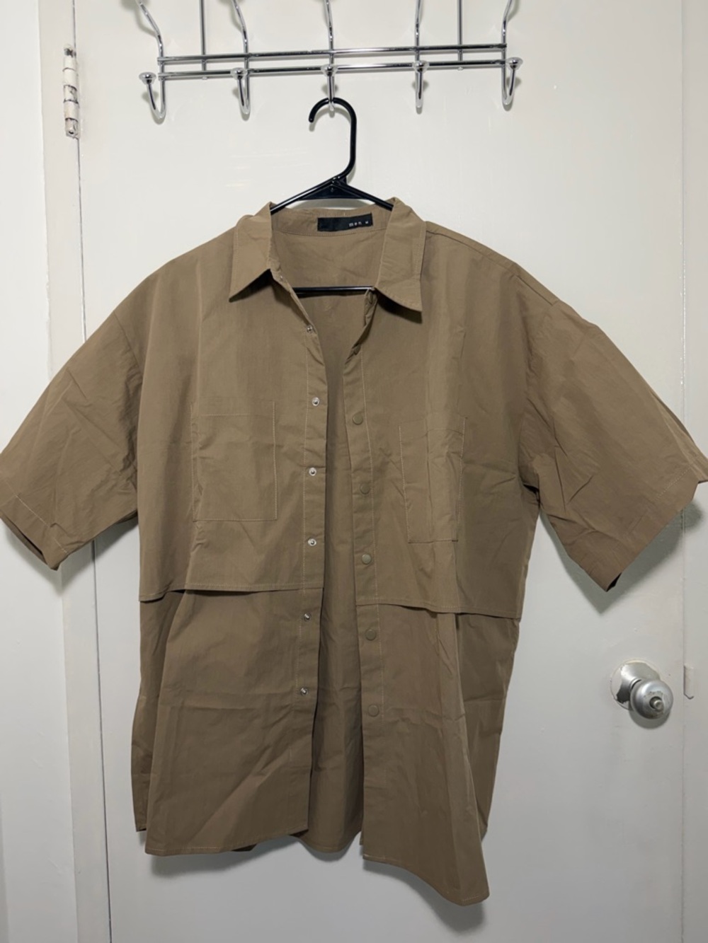 Boxy Short Sleeve Button-Up Shirt in Taupe